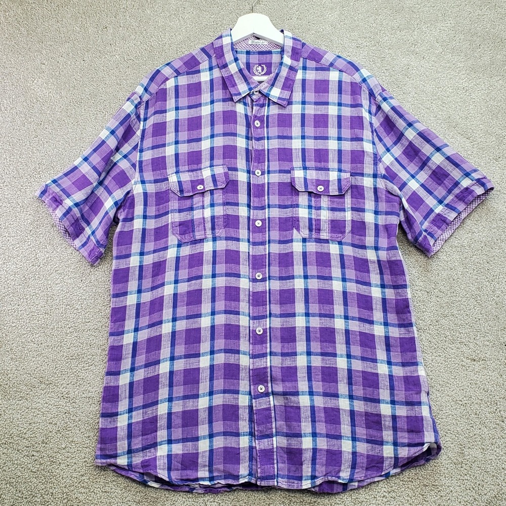 Bugatchi Uomo Shaped Fit Shirt Men XL Multi Plaid Linen Short Sleeve Button-Up